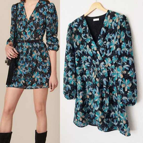 Sandro Bleen Faux-Wrap Mini Tulle Dress Embroidered Sequins EU 42, US 10-12 $445 - Picture 6 of 16